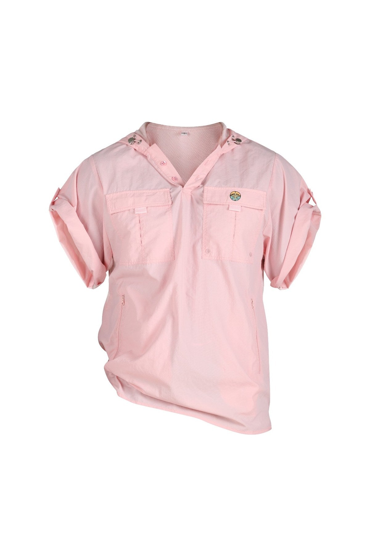 A light pink short-sleeve button-up shirt with a split collar, two chest pockets, and a small colorful circular emblem on the left chest, shown against a plain white background.