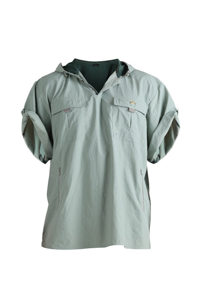 A light sage green hooded pullover shirt with a dark green inner lining, featuring a half-placket, two chest pockets, and zippered hand pockets, shown against a plain white background.