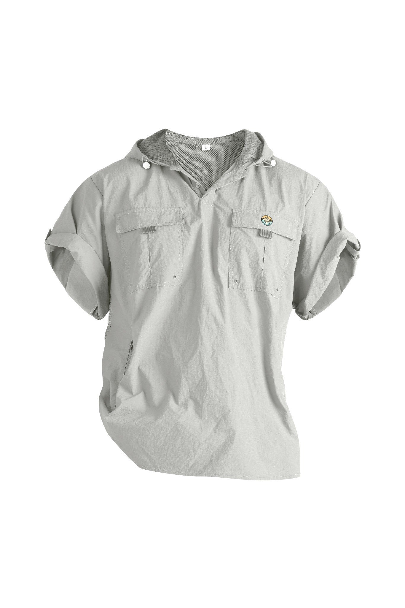Light gray short-sleeve shirt with a brand logo on a white background