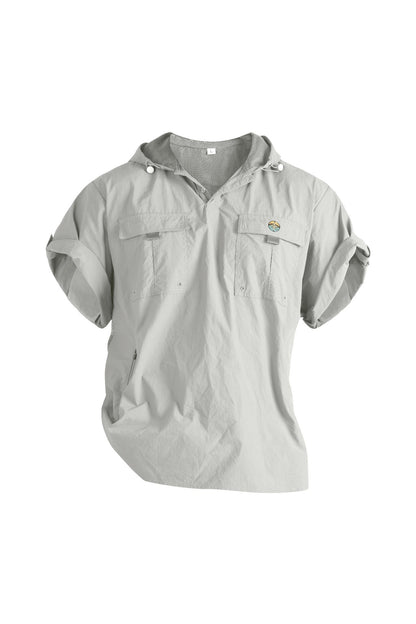 Light gray short-sleeve shirt with a brand logo on a white background