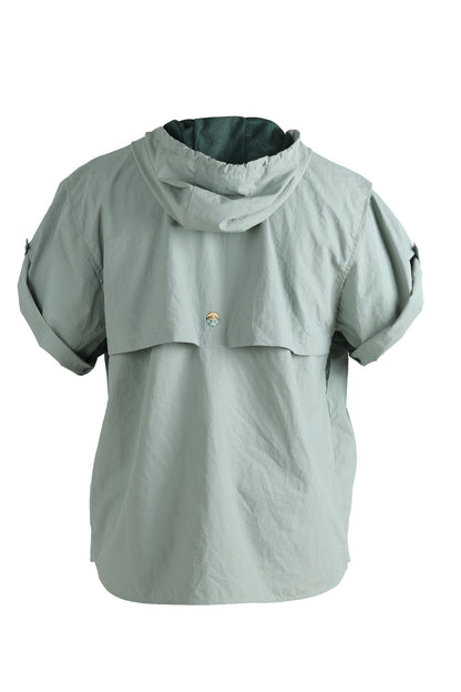 Gray hooded jacket with a brand logo on a white background