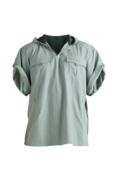 Gray short-sleeve shirt with a hood on a white background