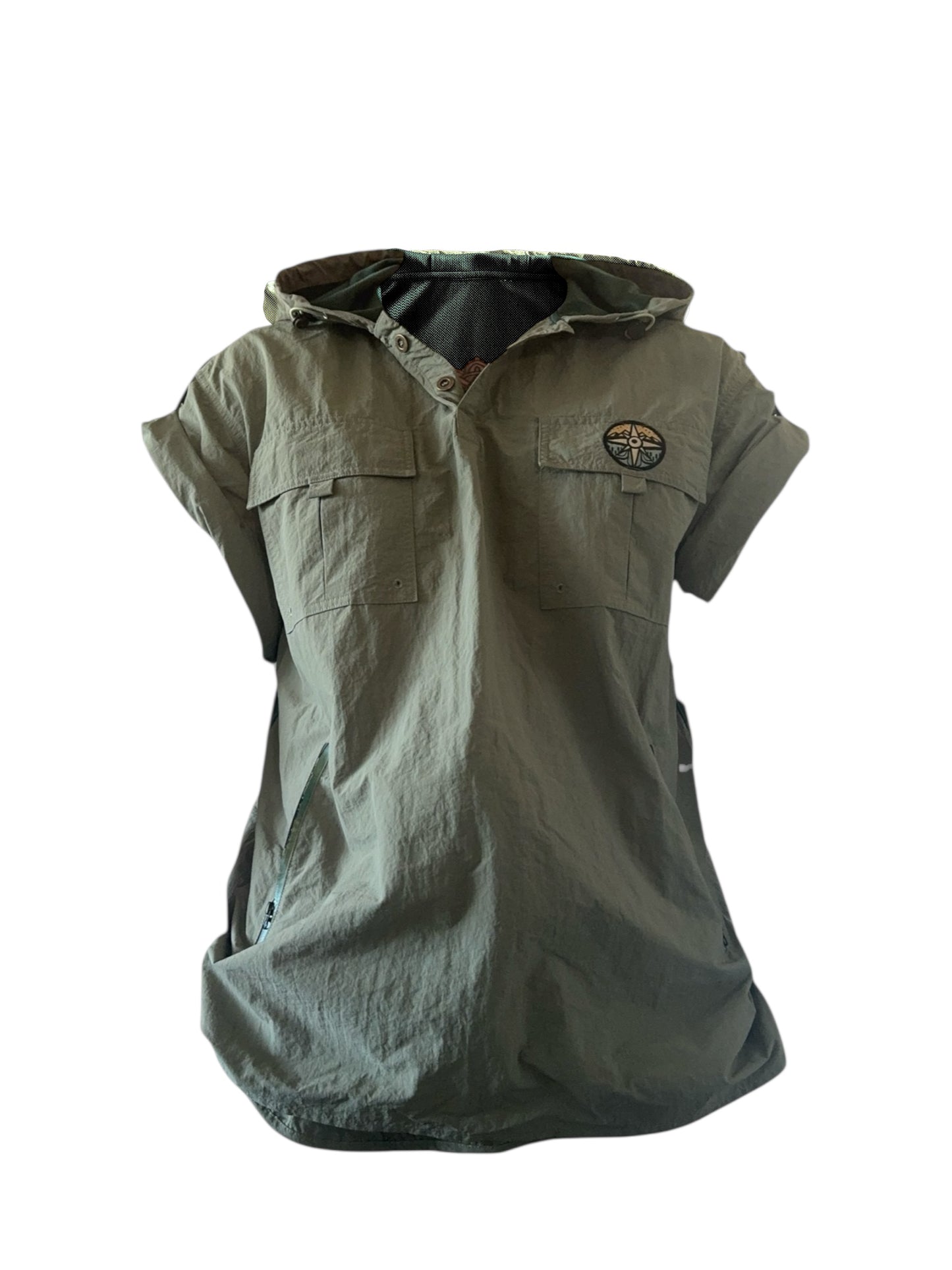 Green sleeveless jacket with a hood on a white background