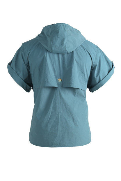 Blue jacket with a hood on a white background