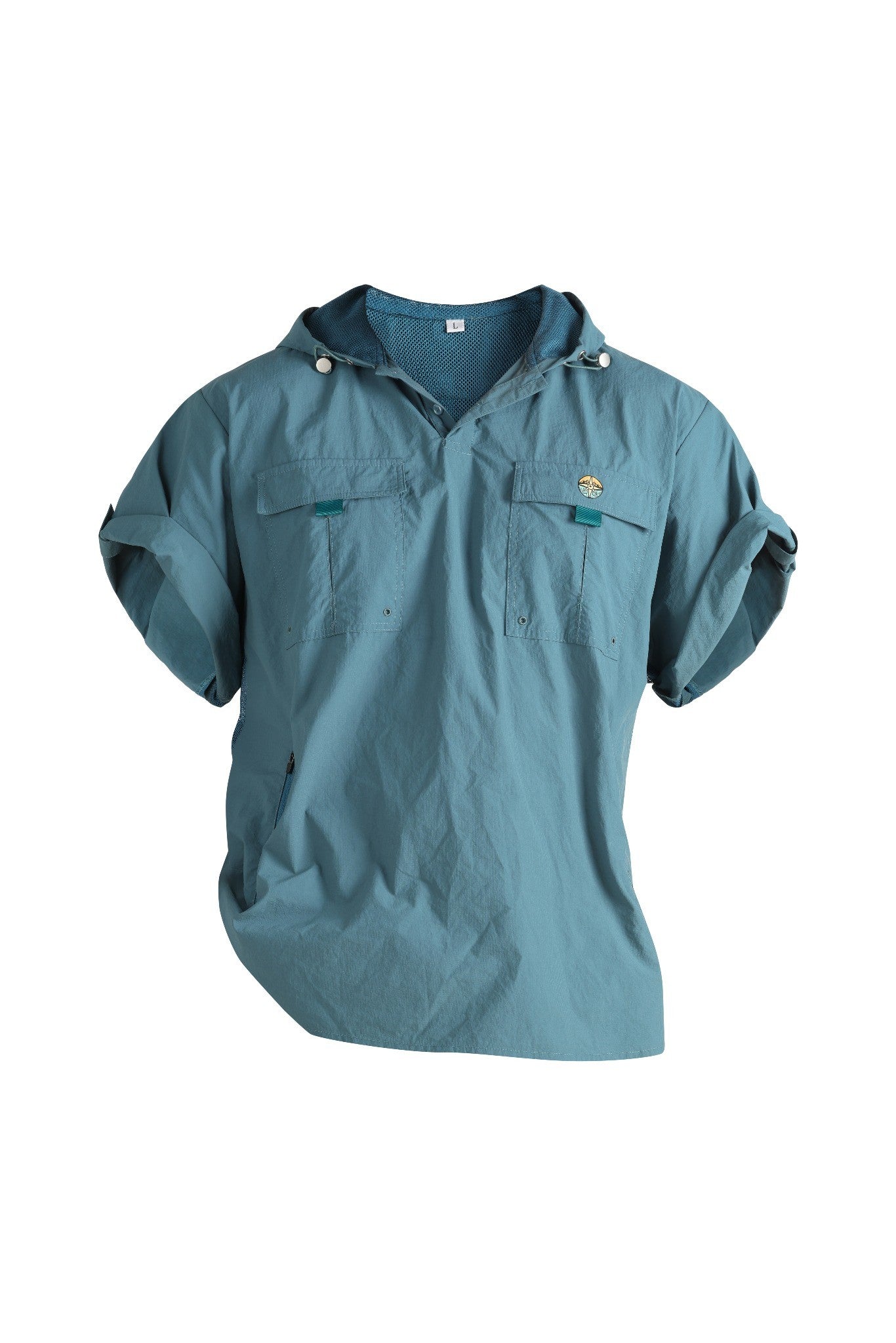 Blue short-sleeve shirt with hood on a white background