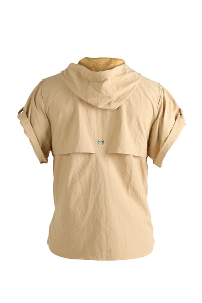 Beige short-sleeve jacket with hood on a white background